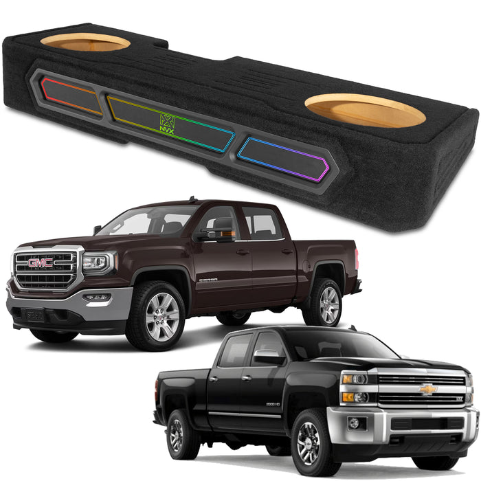 Custom Fit 1200W RMS Dual 12" Loaded BOOST Vented Truck Enclosure with LED Lighting - 2008-2018 Chevrolet Silverado and GMC Sierra Crew Cab - BE-GM-08SLVCC-P212