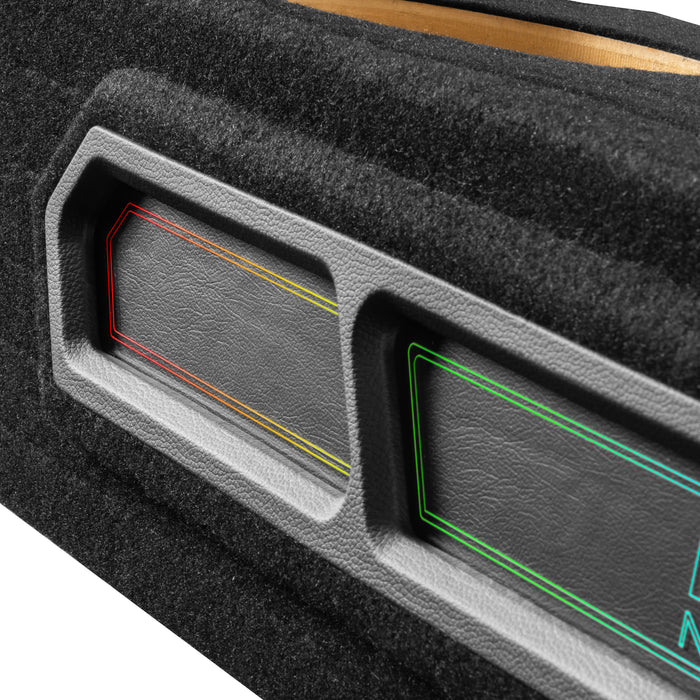 Custom Fit 1200W RMS Dual 10" Loaded BOOST Vented Truck Enclosure with LED Lighting - 2019-2024 Chevrolet Silverado and GMC Sierra Crew Cab - BE-GM-19SLVCC-P210