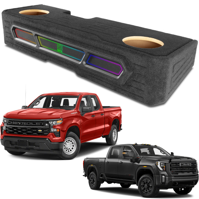 Custom Fit 1200W RMS Dual 10" Loaded BOOST Sealed Truck Enclosure with LED Lighting - 2019-2024 Chevrolet Silverado and GMC Sierra Crew Cab - BE-GM-19SLVCC-S210
