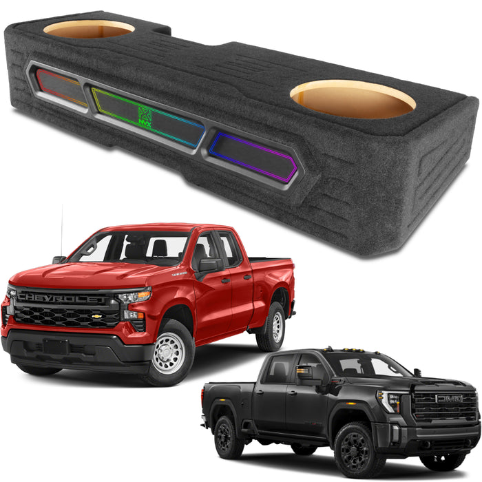 Custom Fit 1200W RMS Dual 12" Loaded BOOST Sealed Truck Enclosure with LED Lighting - 2019-2024 Chevrolet Silverado and GMC Sierra Crew Cab - BE-GM-19SLVCC-S212