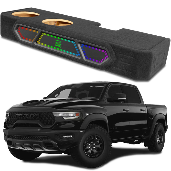 Custom Fit 1200W RMS Dual 10" Loaded BOOST Vented Truck Enclosure with LED Lighting - 2019-2024 Ram 1500 Crew Cab - BE-RAM-19CC-P210