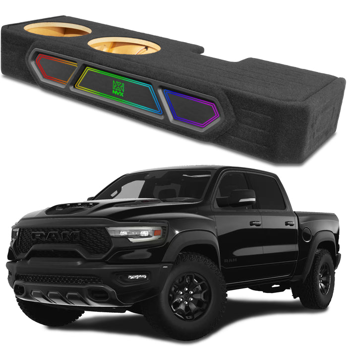 Custom Fit 1200W RMS Dual 12" Loaded BOOST Vented Truck Enclosure with LED Lighting - 2019-2024 Ram 1500 Crew Cab - BE-RAM-19CC-P212