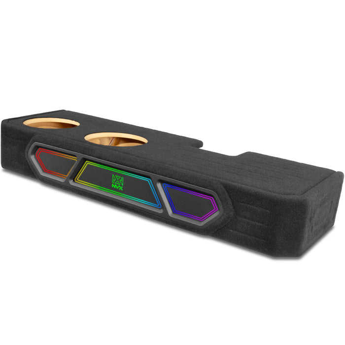 Custom Fit 1200W RMS Dual 10" Loaded BOOST Sealed Truck Enclosure with LED Lighting - 2019-2024 Ram 1500 Crew Cab - BE-RAM-19CC-S210
