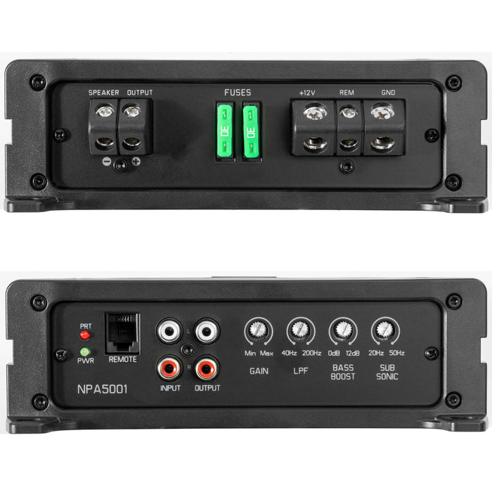 NPKG212 1000W Peak (500W RMS) Loaded Dual 12" Subwoofer with Slot Ported Enclosure and Monoblock Amplifier with Remote Bass Knob and Amplifier Wiring Kit