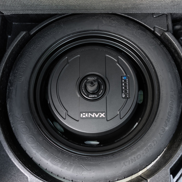 QBSTA 900W Peak (300W RMS) 11" Spare Tire Powered Subwoofer System with Remote Bass Knob
