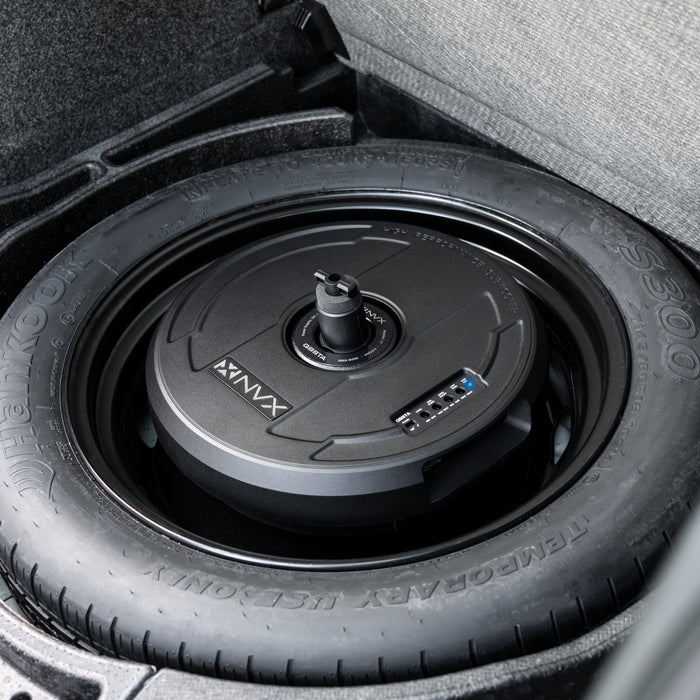 QBSTA 900W Peak (300W RMS) 11" Spare Tire Powered Subwoofer System with Remote Bass Knob