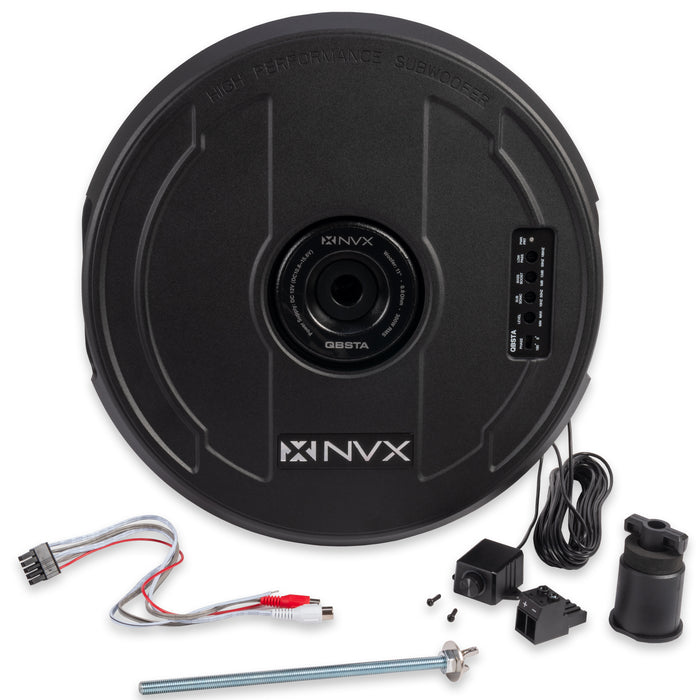 QBSTA 900W Peak (300W RMS) 11" Spare Tire Powered Subwoofer System with Remote Bass Knob