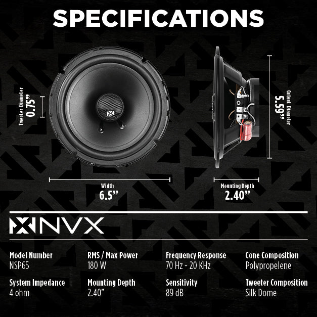 NSP65 540W Peak (180W RMS) 6.5" N-Series 2 Way Coaxial Speakers with 20mm Silk Dome Tweeters